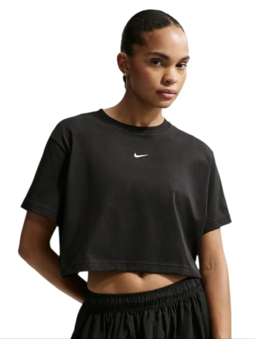 Nike Black Cropped Swoosh Tee for Women
